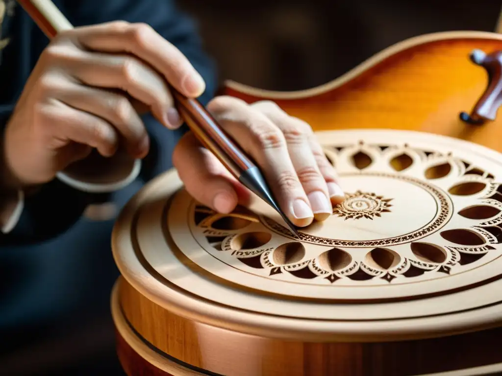 Un luthier experto redescubre la Tiorba en la Música Barroca, tallando con precisión en la madera, inmerso en la tradición artesanal