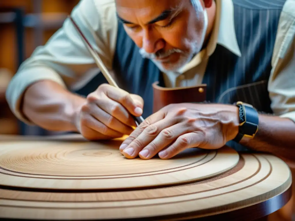 Un luthier experto examina detalladamente la veta de una madera seleccionada para guitarras, transmitiendo la importancia artesanal