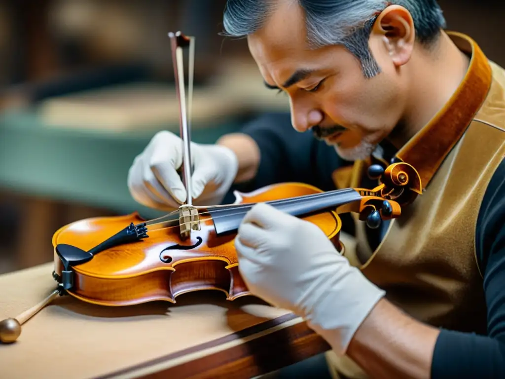 Un luthier experto restaurando un violín antiguo, resaltando la importancia de evaluar la condición y la dedicación a preservar la herencia musical