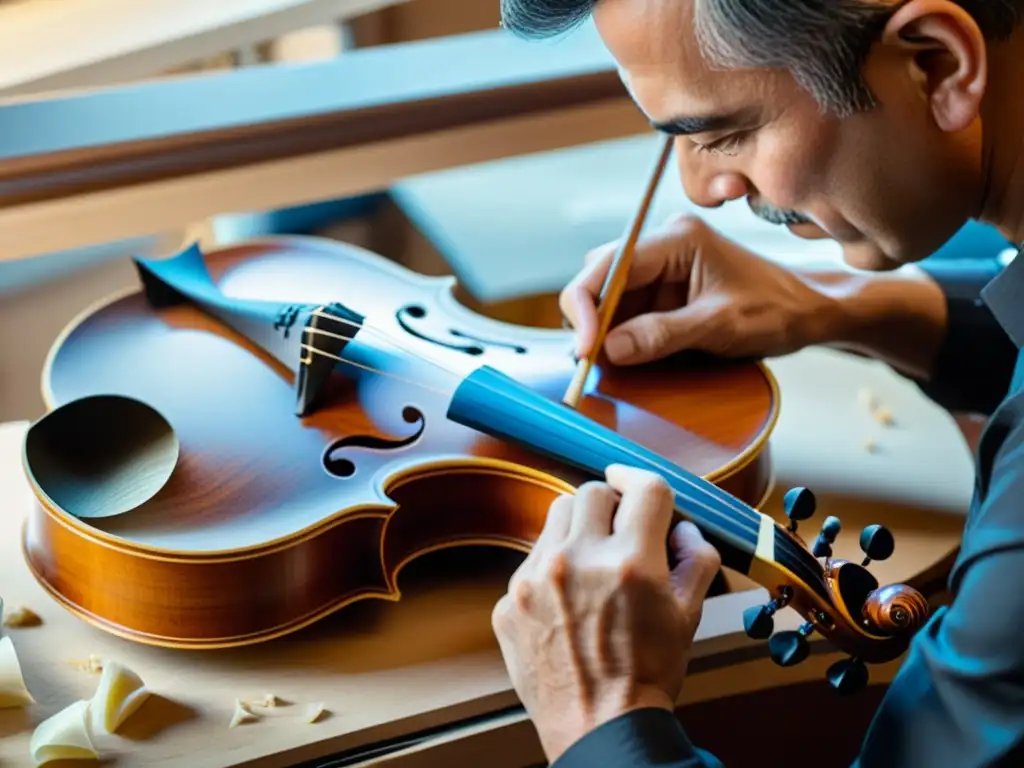 Un luthier experto moldea un violín con nuevos materiales, fusionando tradición e innovación en la fabricación de instrumentos musicales