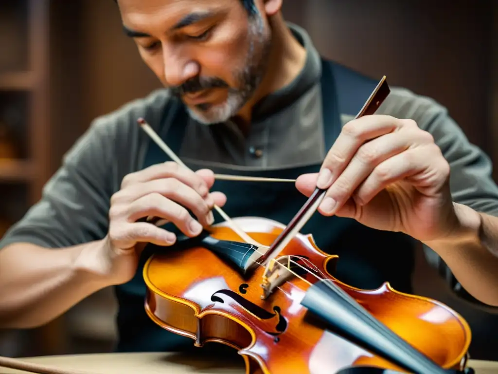 Un luthier experto en conservación de violines clásicos Stradivarius restaura con meticulosidad un violín, resaltando su artesanía y belleza atemporal