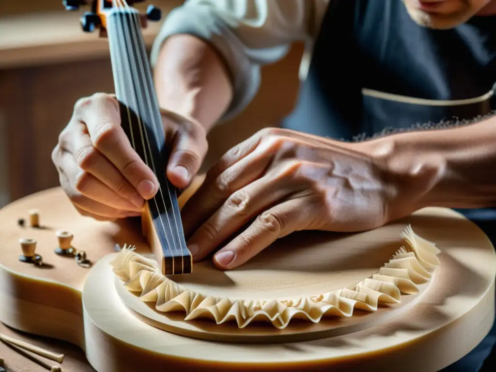 Un luthier experto esculpe meticulosamente el diapasón de un violonchelo, destacando las técnicas avanzadas para cellistas