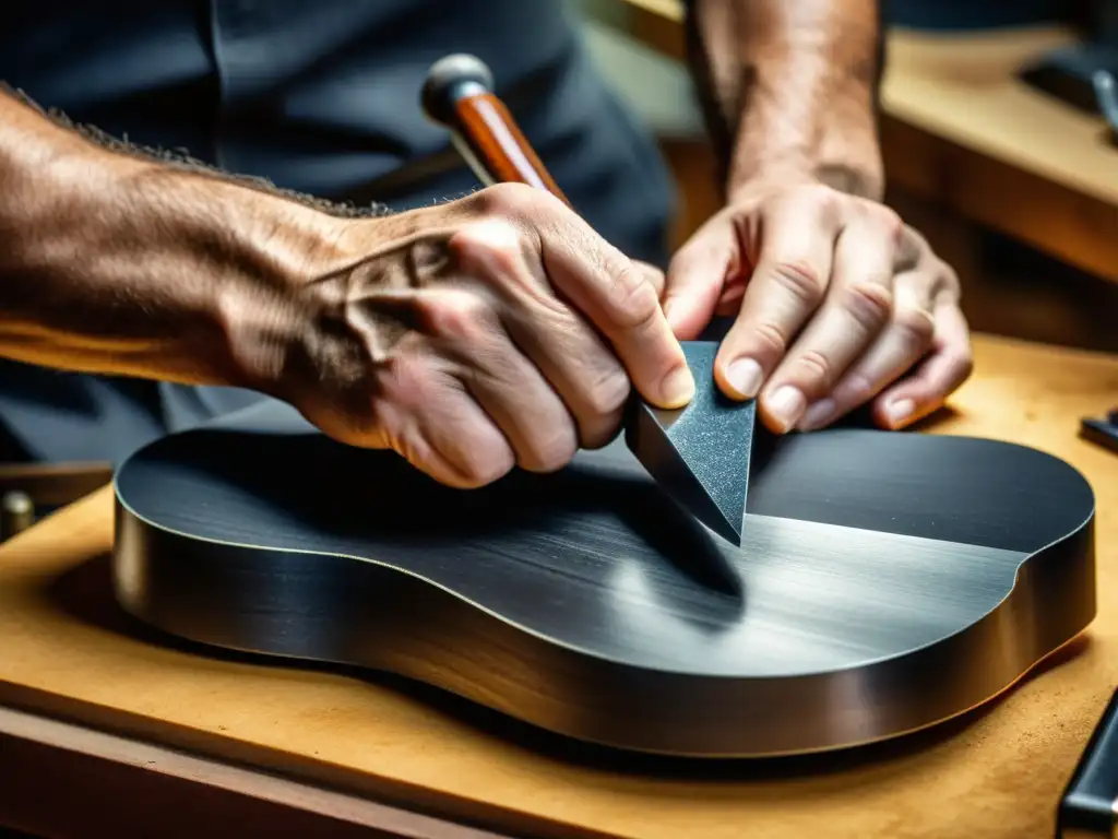 Un luthier moldea cuidadosamente grafito para guitarras eléctricas, destacando la influencia del grafito en la construcción de instrumentos