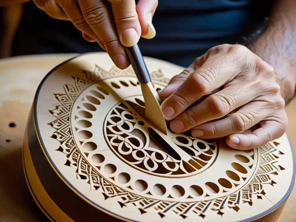 Un luthier griego experto talla diseños intrincados en un bouzouki tradicional