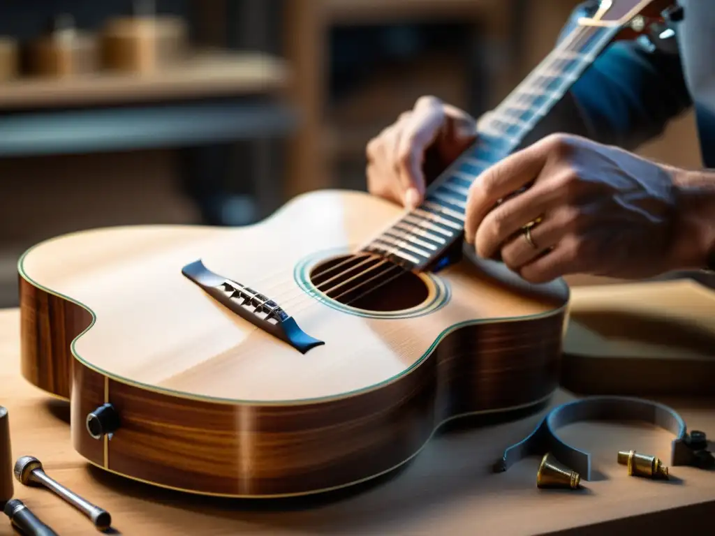 Un luthier trabaja en una guitarra acústica, resaltando las mejoras en resonancia