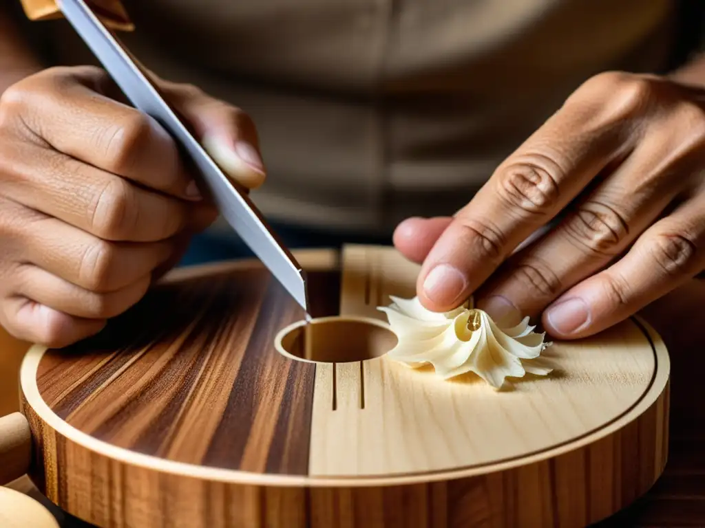 Un luthier habilidoso esculpe con delicadeza la madera de un ukelele, con virutas flotando en el aire