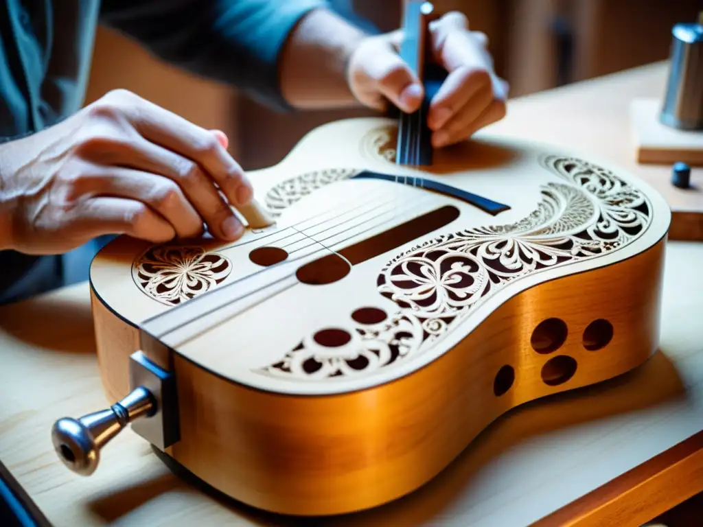 Un luthier habilidoso talla diseños en una guitarra acústica, rodeado de herramientas y virutas de madera