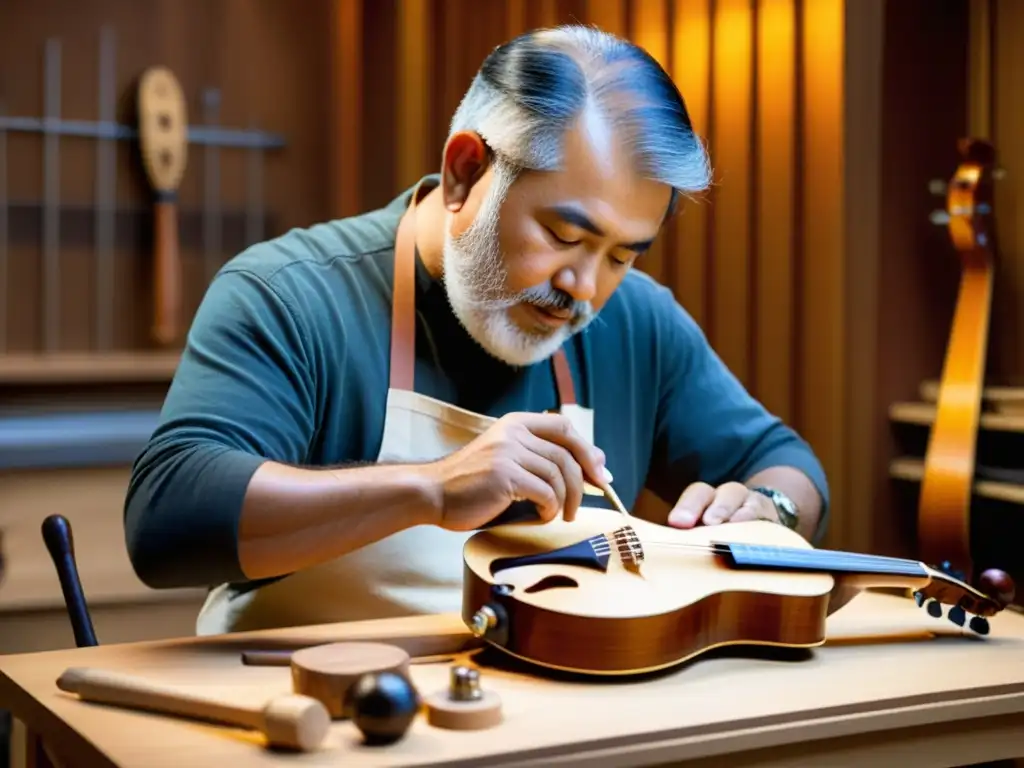 Un luthier habilidoso talla diseños intrincados en un instrumento de cuerda, rodeado de herramientas y virutas de madera