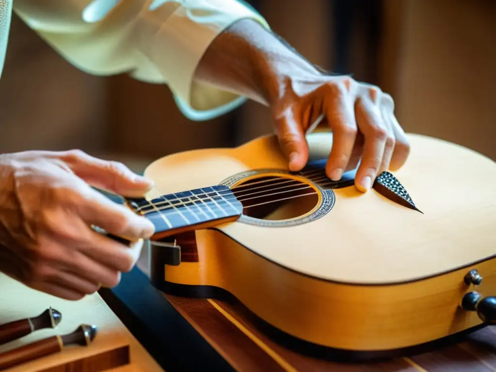 Un luthier habilidoso da forma a una guitarra clásica, mostrando la evolución de las guitarras de cuerdas con dedicación y precisión artesanal