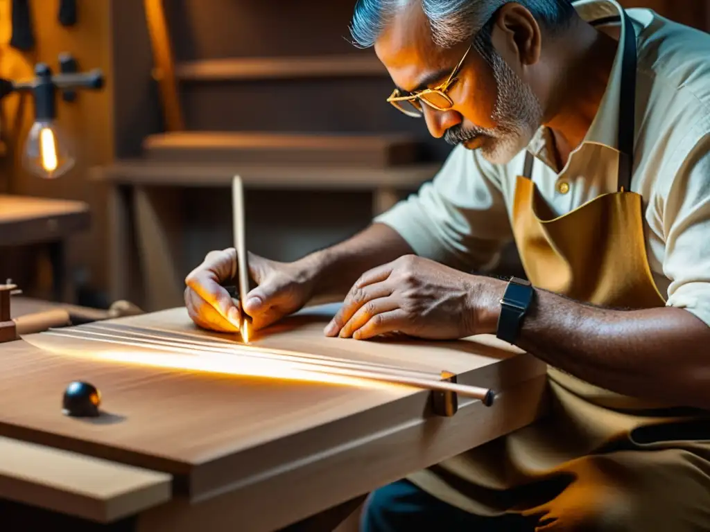 Un luthier habilidoso construye un harpejji detalladamente en su taller, destacando la historia y construcción del harpejji