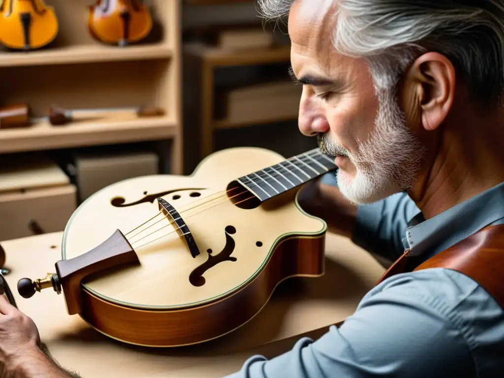 Un luthier habilidoso esculpe con precisión una mandolina, destacando la innovación en la construcción de la mandolina