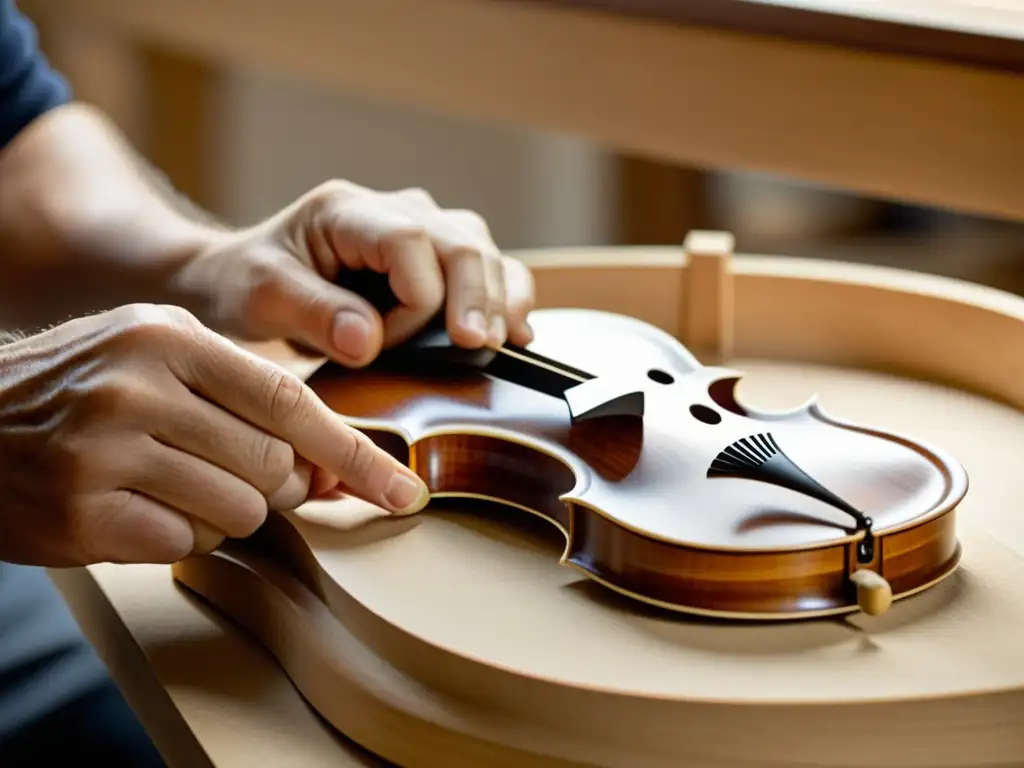 Un luthier habilidoso esculpe cuidadosamente el puente de un violín, mostrando la destreza necesaria para técnicas avanzadas para violinistas