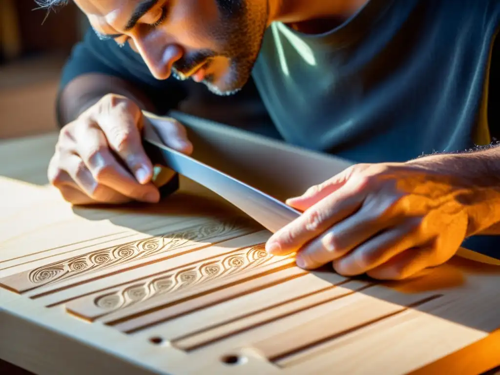 Un luthier habilidoso talla con esmero la delicada curvatura de una guitarra clásica española, iluminado por el cálido resplandor del taller