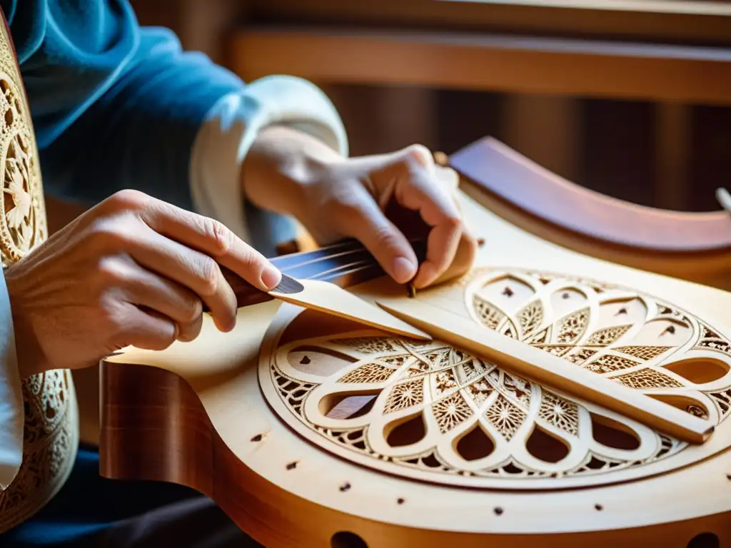 Un luthier habilidoso talla intrincados diseños en un laúd renacentista con herramientas tradicionales, mostrando dedicación artesanal