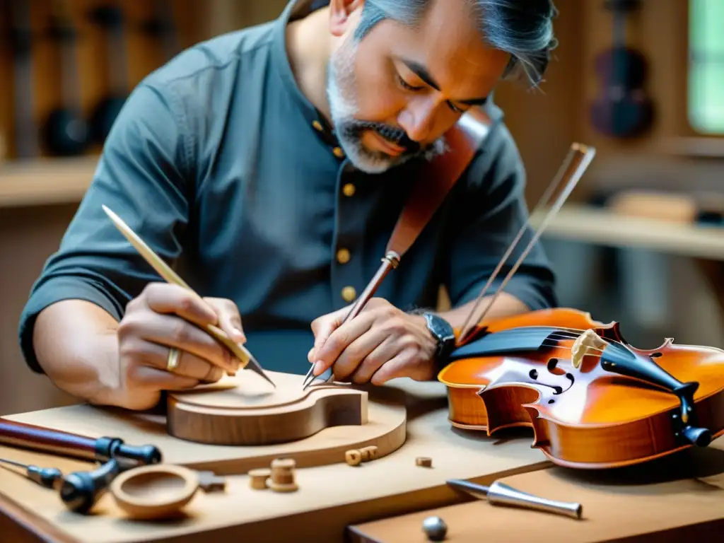 Un luthier habilidoso talla intrincados diseños en el cuerpo de un violín, rodeado de herramientas finamente elaboradas