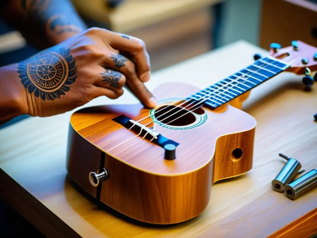 Un luthier habilidoso talla con precisión la madera para crear el cuerpo de un ukelele eléctrico