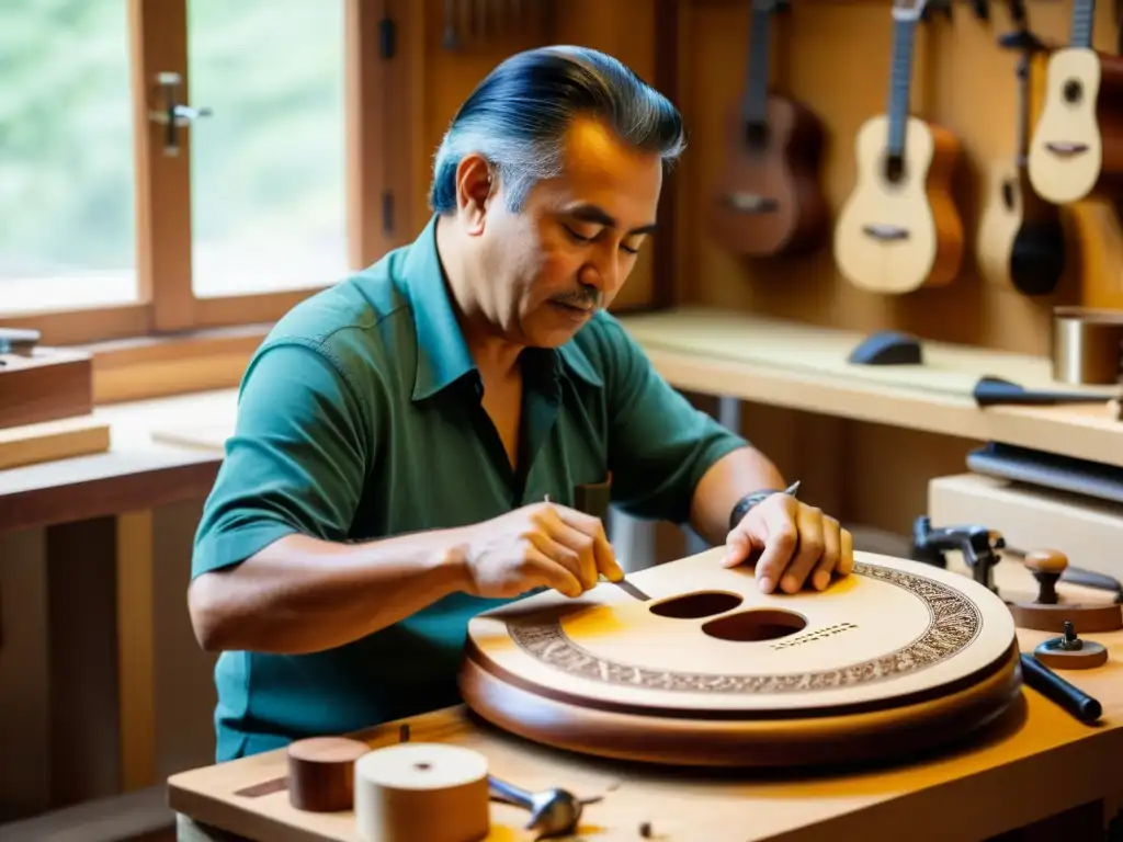 Un luthier habilidoso talla con precisión el requinto jarocho, rodeado de herramientas