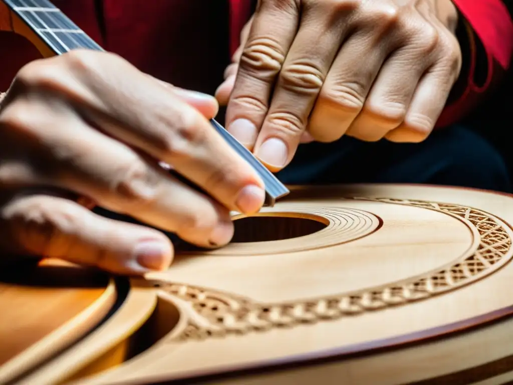 Un luthier habilidoso talla con precisión la boca de una guitarra flamenca, rodeado de virutas de madera en un taller cálido y acogedor