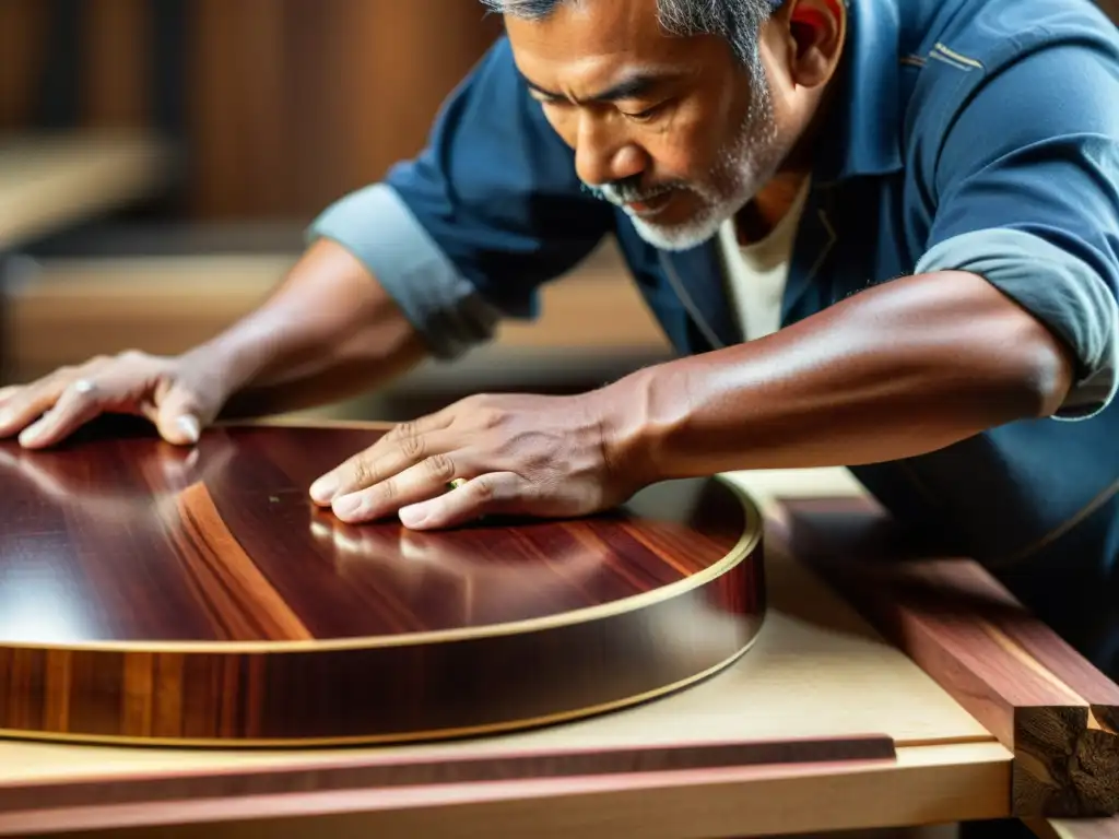 Un luthier selecciona cuidadosamente madera caoba para la contribución tonos cálidos guitarras acústicas