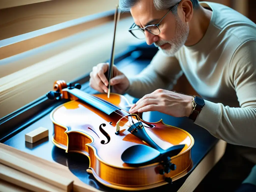 Un luthier seleccionando madera para violines, destacando la artesanía tradicional y las innovaciones en la construcción de violines