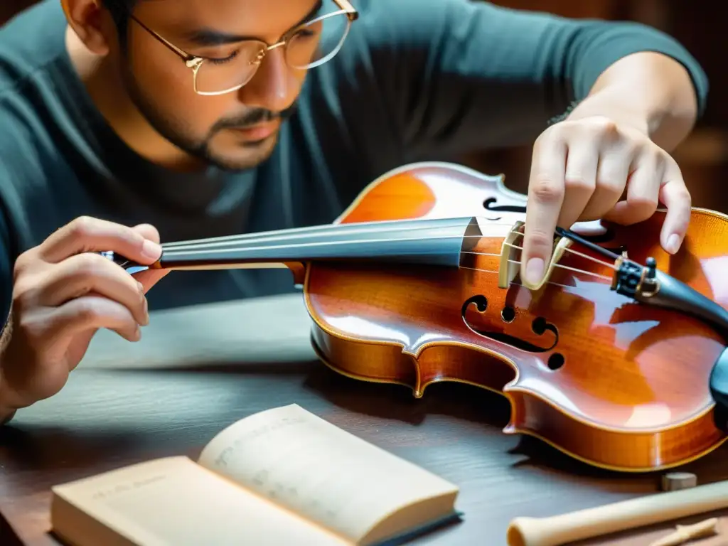 Un luthier maestro restaura con cuidado el barniz viejo de un violín, revelando la intrincada madera