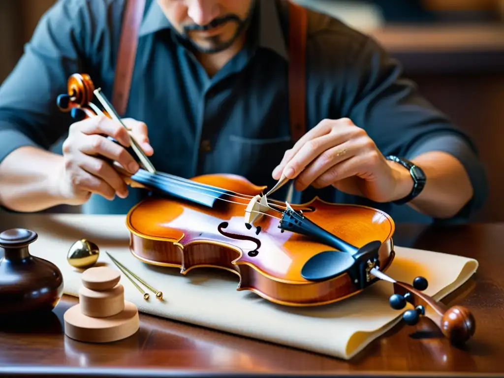 Restauración experta de violín centenario con detalle excepcional Un luthier maestro restaura con dedicación una antigua violín, rodeado de herramientas delicadas y madera