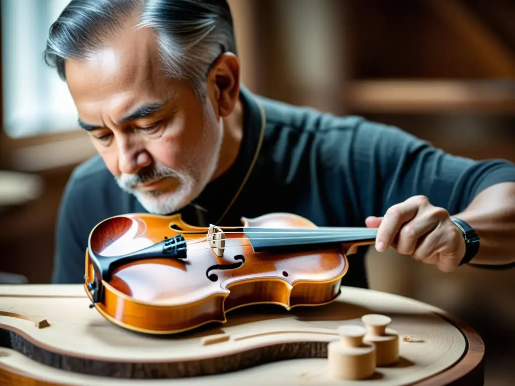 Un luthier maestro restaura con innovadores procesos la madera de un violín centenario, mostrando la fusión entre tradición y modernidad