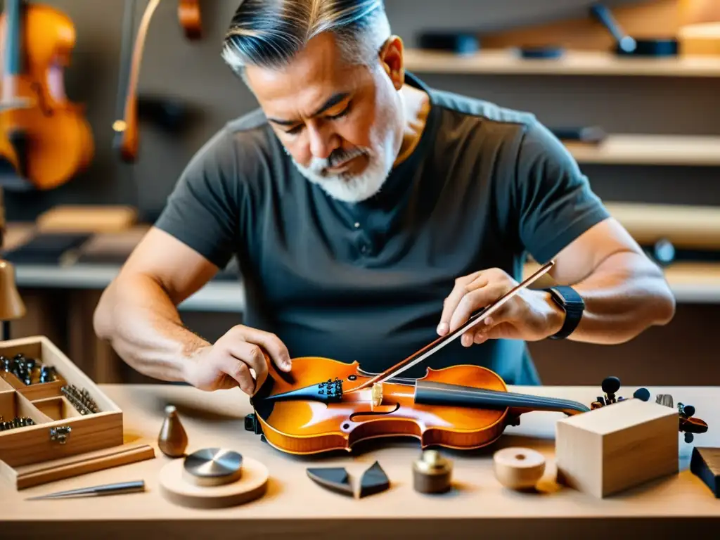 Un luthier maestro crea con magia el diseño de instrumentos de arco eléctricos en su taller