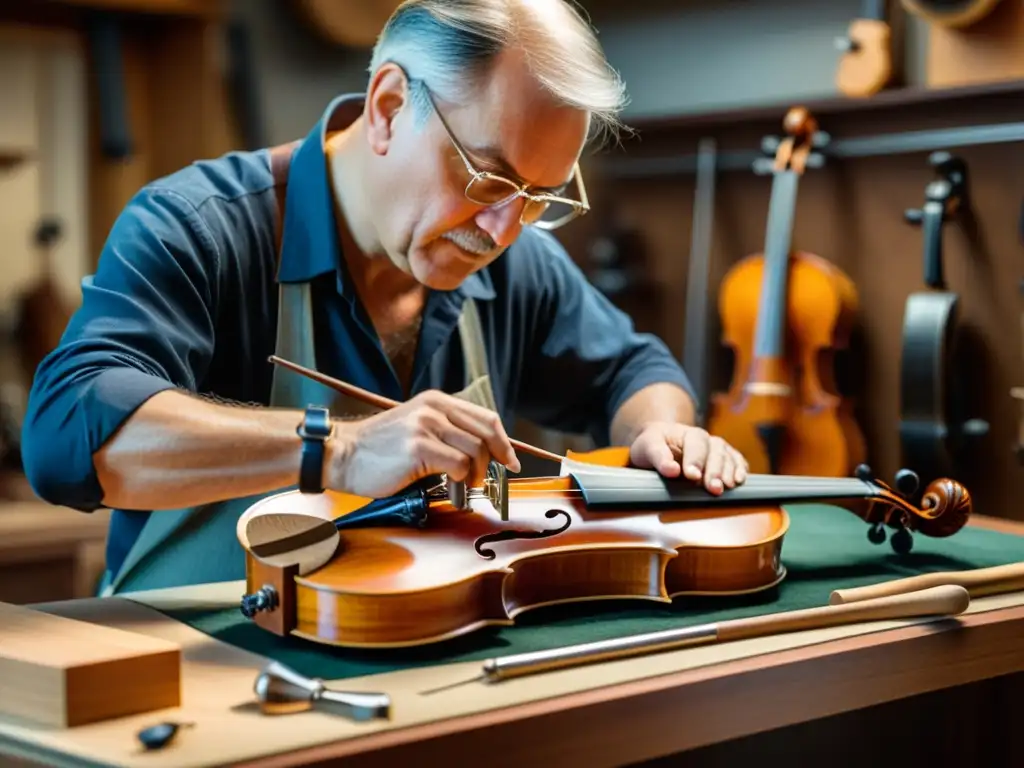 Un luthier maestro talla con precisión la tapa armónica de un violín artesanal, en la búsqueda del tono perfecto luthería