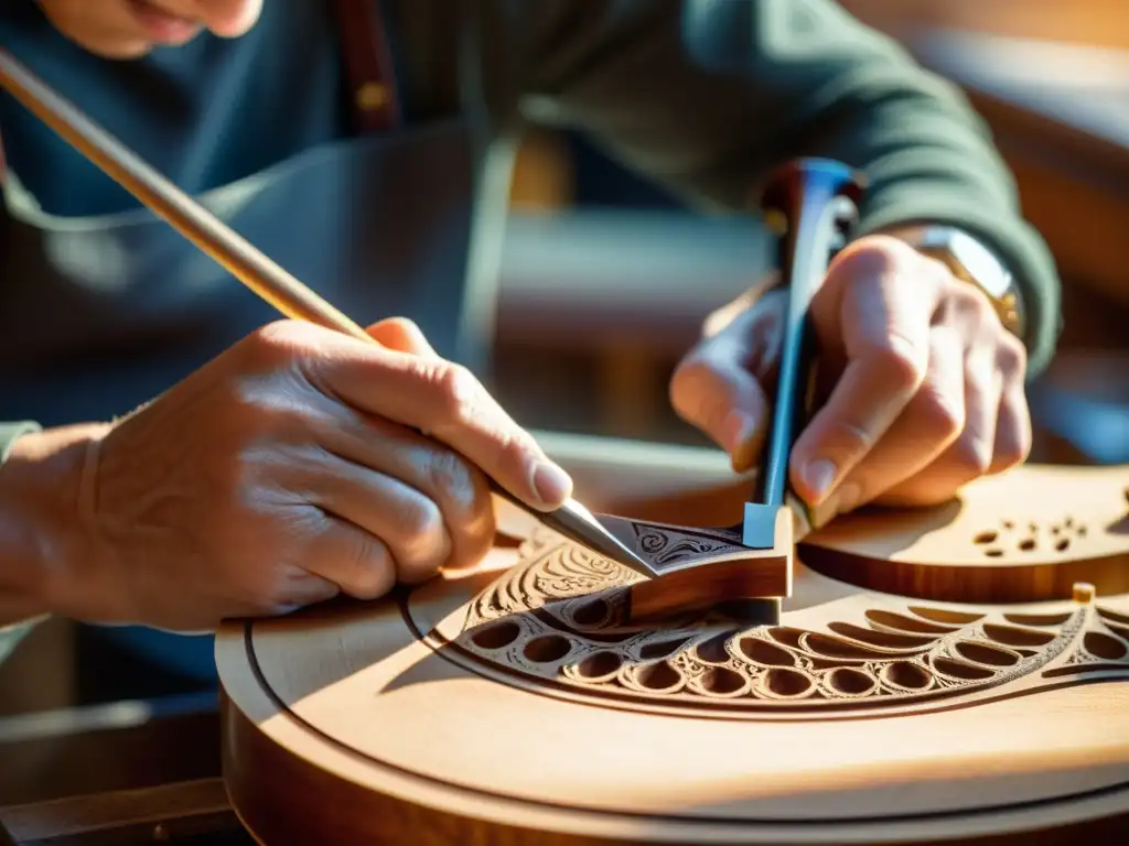 Un luthier maestro talla intrincados diseños en la tapa de un violín artesanal