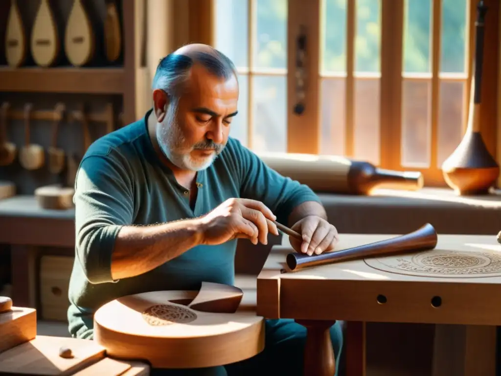 Un luthier maestro talla intrincados diseños en un saz turco tradicional, rodeado de herramientas, con luz suave iluminando el taller