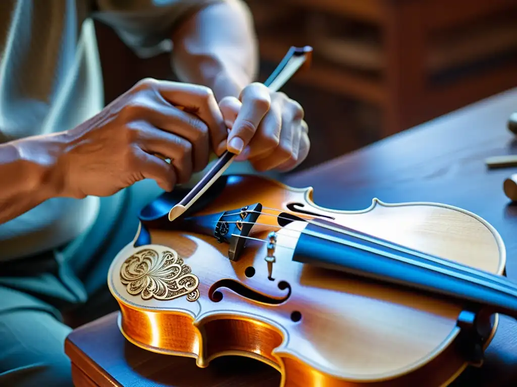 Un luthier talla patrones de veta en el cuerpo del violín de arce