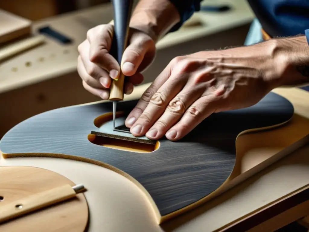 Un luthier moldea con precisión un cuerpo de guitarra de materiales compuestos, resaltando el potencial acústico de estos innovadores materiales en la construcción de instrumentos musicales