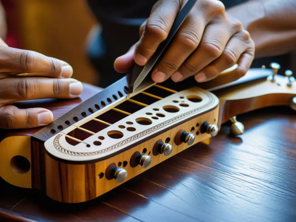 Un luthier puertorriqueño talla delicadamente diseños en la cabeza de una bordonua tradicional