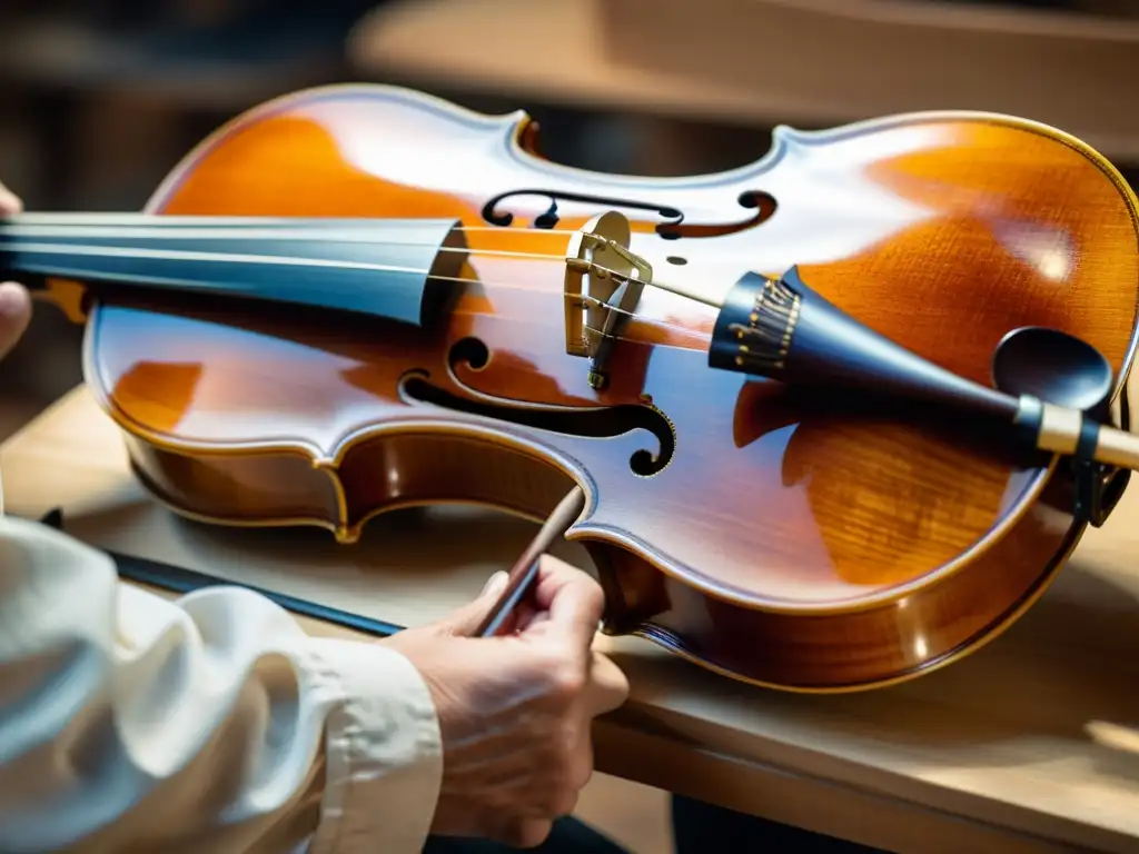 Un luthier cuidadosamente restaura un violín antiguo, aplicando barniz con precisión