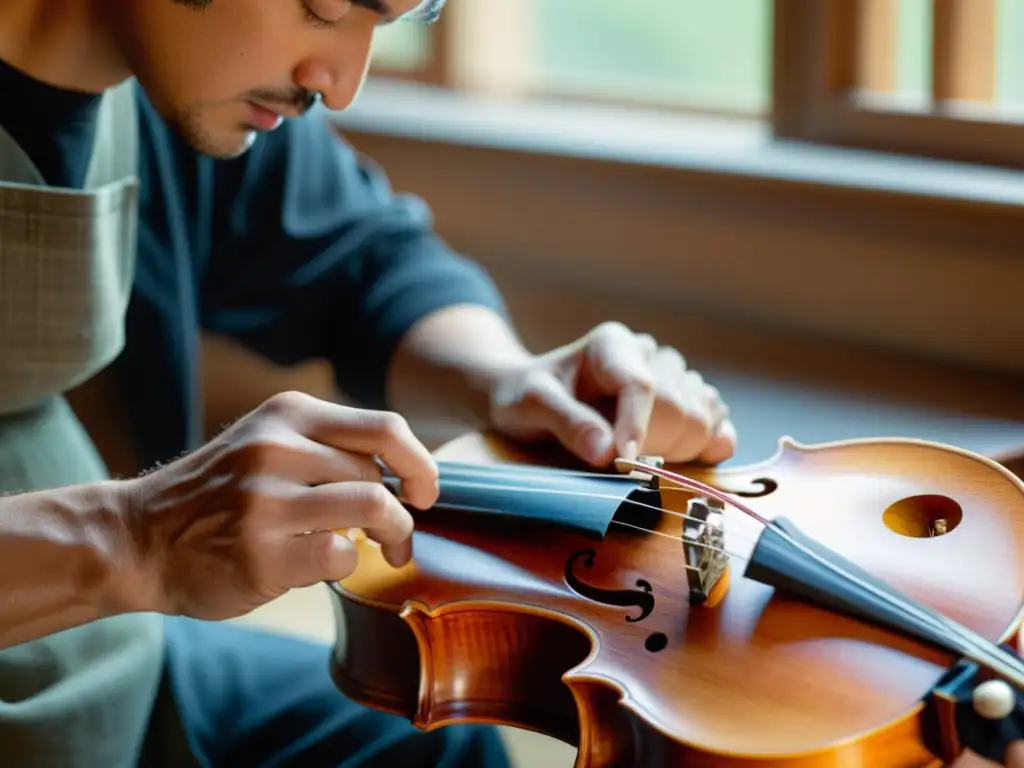 Un luthier tallando delicadamente un violín, con luz natural iluminando el taller de luthería