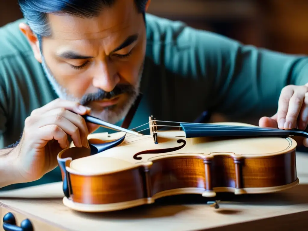 Un luthier detalladamente restaurando un violín vintage, resaltando la artesanía y dedicación en la restauración de instrumentos musicales detallada