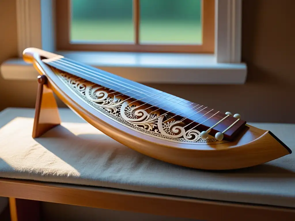 Un kantele finlandés de madera de abedul rizado, iluminado por luz natural