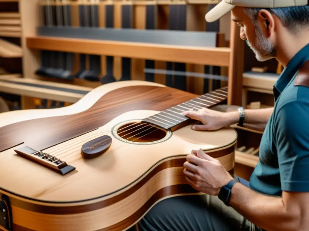 El luthier selecciona cuidadosamente la madera para guitarras acústicas, resaltando la artesanía