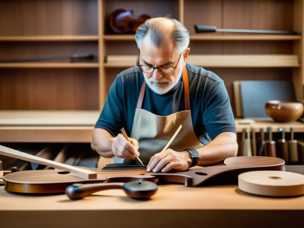 Un luthier examina detenidamente la madera para un violín, mostrando la importancia cultural de la madera en la luthería