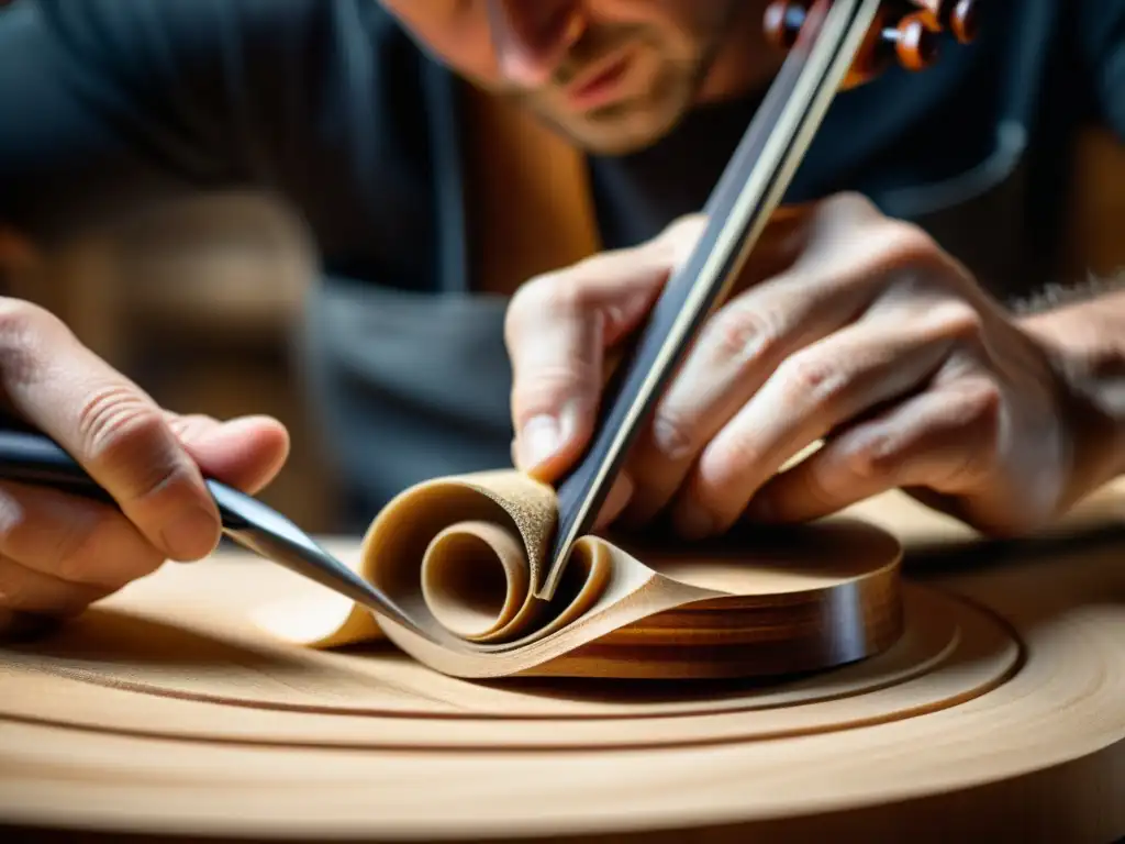 Un luthier transforma con maestría la madera de un violín, creando una obra de arte única