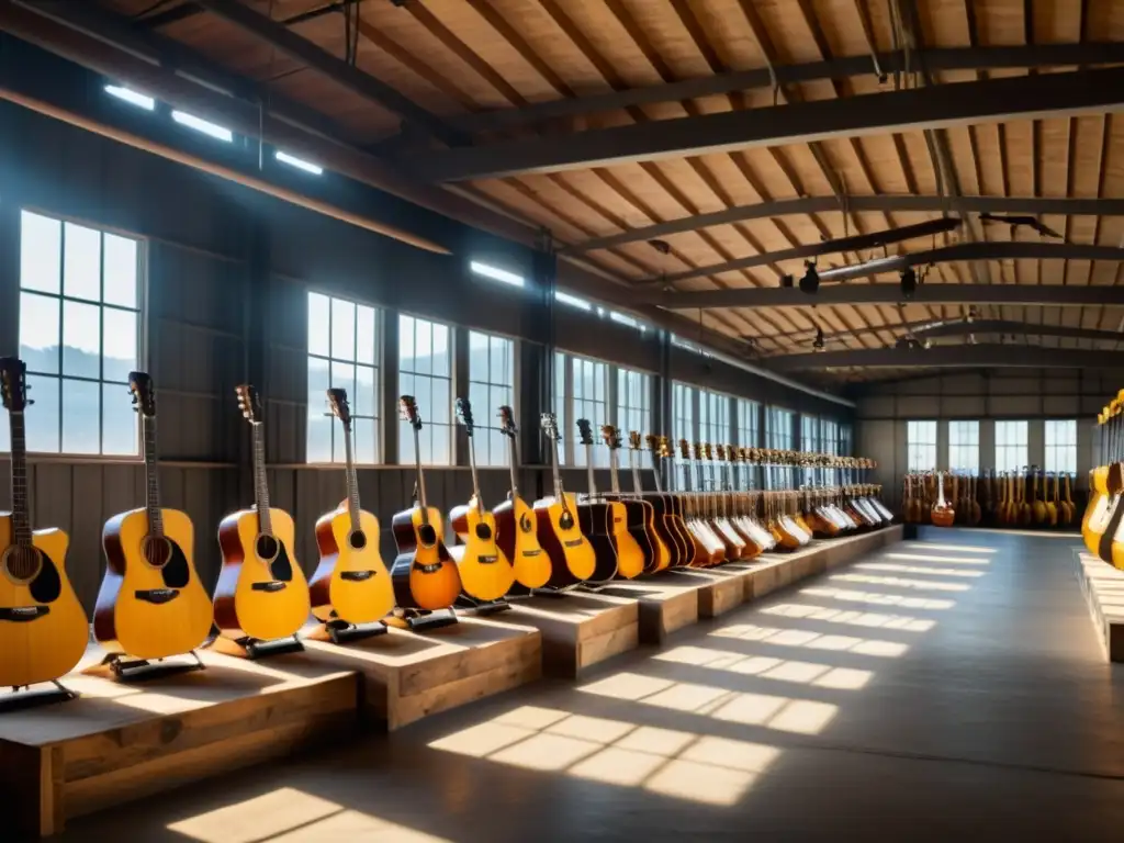 Selección maderas guitarras acústicas: Almacén lleno de guitarras colgantes, luz filtrada, ambiente mágico y trabajadores inspeccionando
