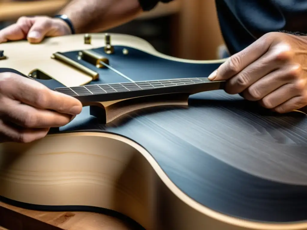 Maestría en la creación de guitarras eléctricas con influencia del grafito: detalle meticuloso en el tallado de la madera