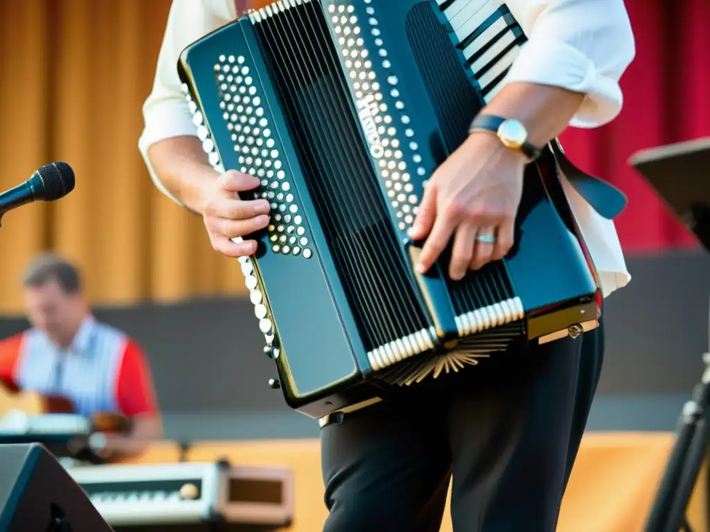 Maestro del acordeón: interpretación en festival de música folclórica Un maestro del acordeón folclórico muestra técnicas de improvisación en un festival, con colores vibrantes y una audiencia entusiasta al fondo