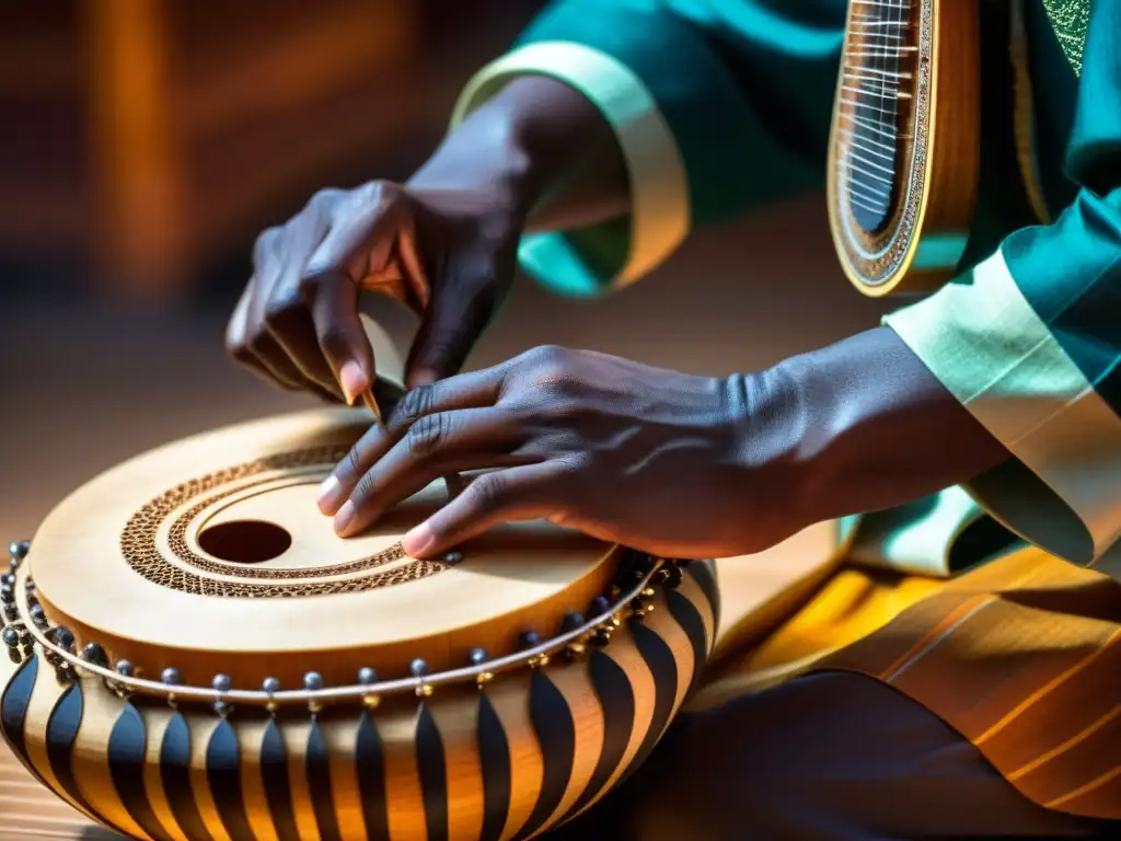 Un maestro de kora africana placa las cuerdas con destreza, revelando la rica tradición musical