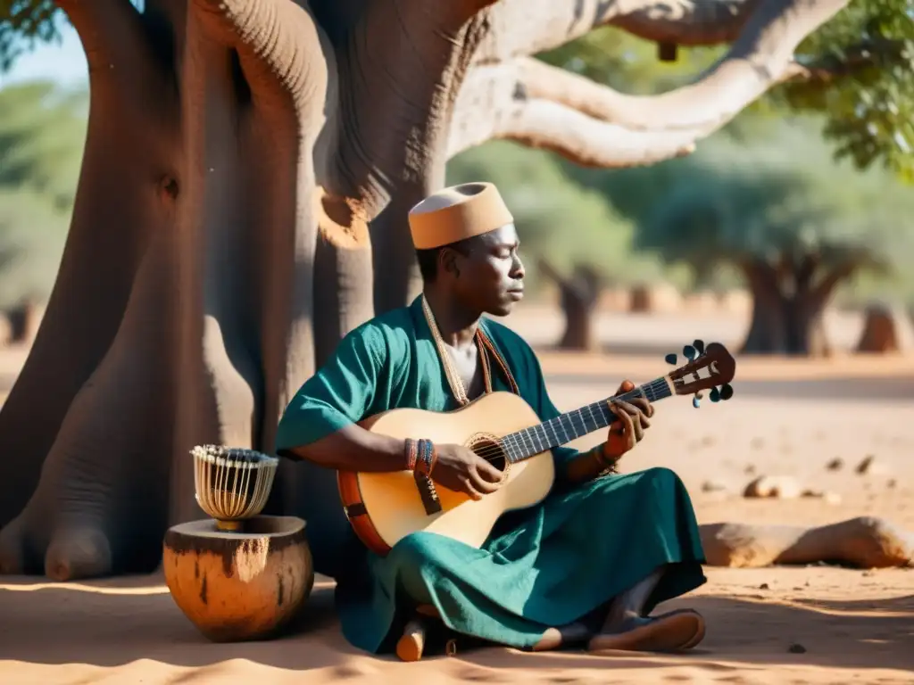 Un maestro del Kora africano interpreta con maestría bajo un baobab, evocando la historia y sonido del Kora africano