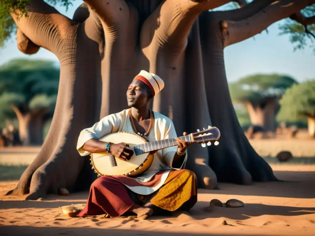 Un maestro Kora toca bajo el baobab africano, capturando la historia, construcción y sonido de la Kora Africana en una imagen 8K detallada