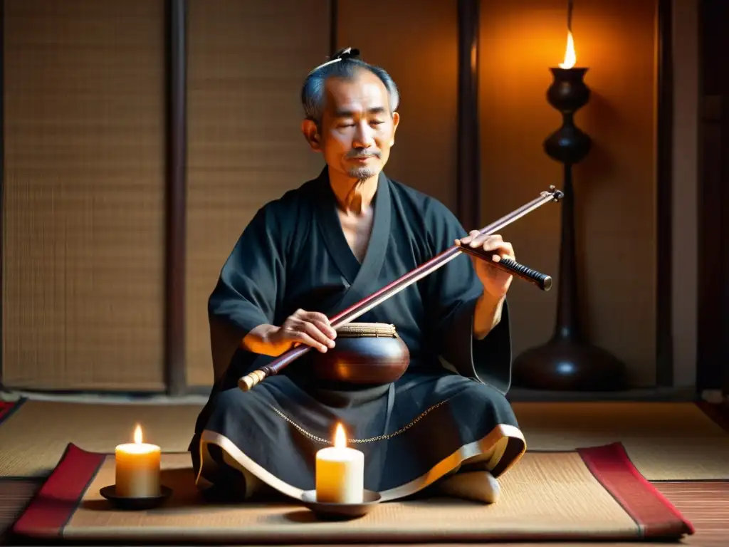 Un maestro anciano de erhu, rodeado de luz tenue de velas, muestra la historia y el sonido del erhu a través de su intensa conexión con el instrumento