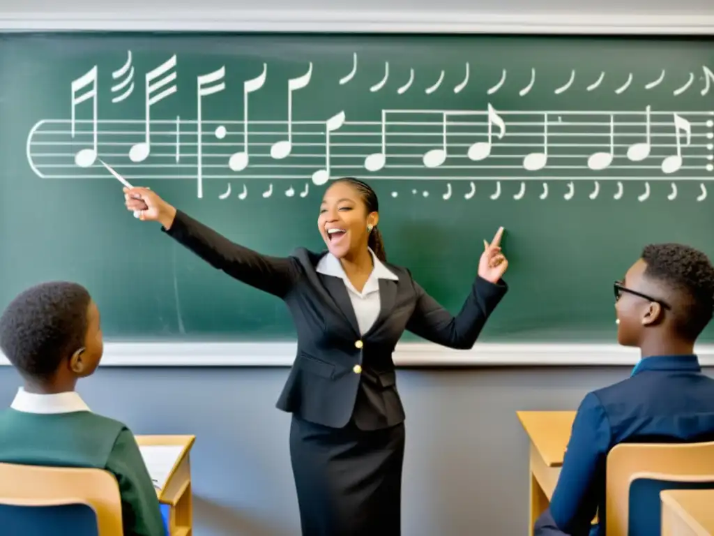 Un maestro de música apasionado enseña a estudiantes comprometidos en un aula inmersiva