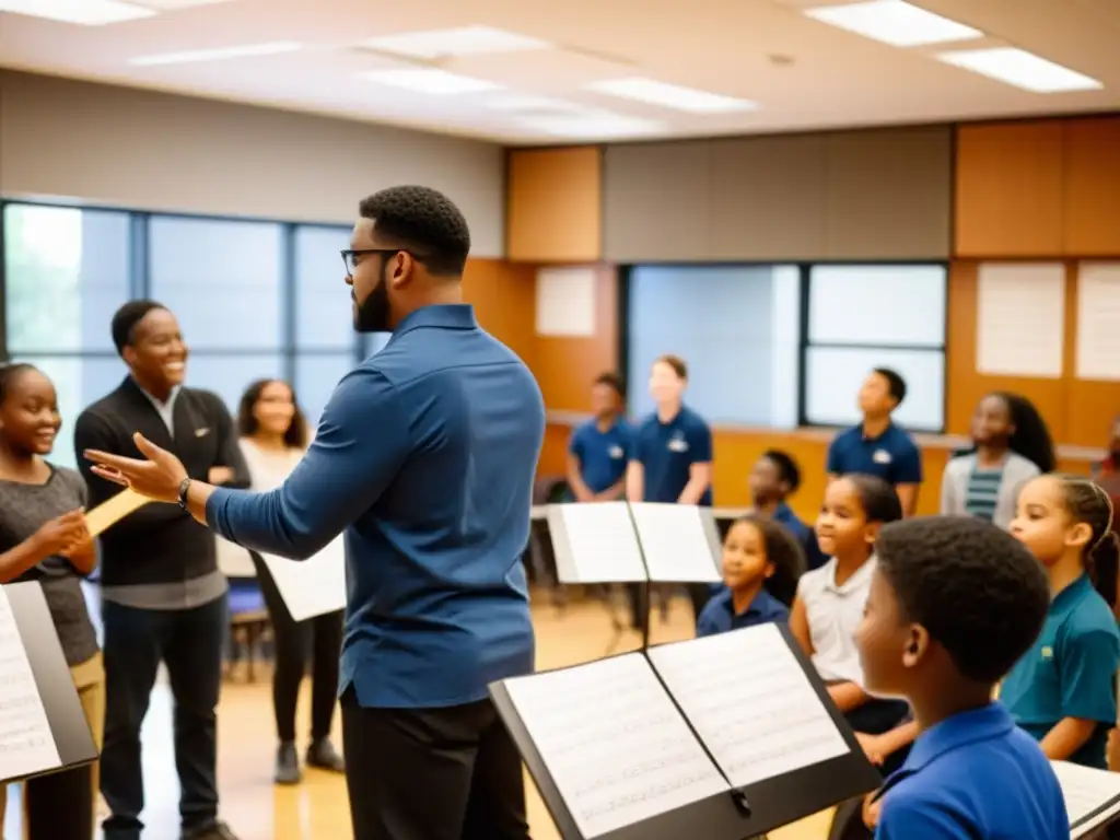 Un maestro de música apasionado guía a estudiantes diversos en una clase llena de creatividad y aprendizaje